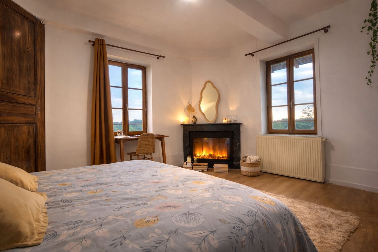 Chambre king size avec cheminée – Gîte Les Pétillières