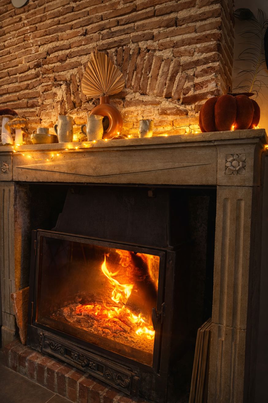 Cheminée en bois dans le salon – Gîte Les Pétillières