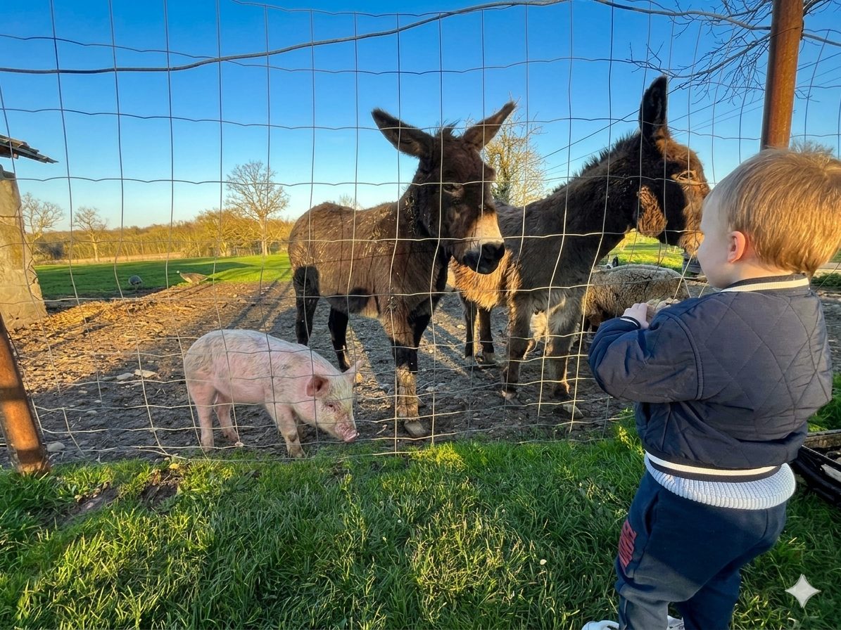 Enfant qui observe Coco le cochon et les ânes – Ferme Les Pétillières