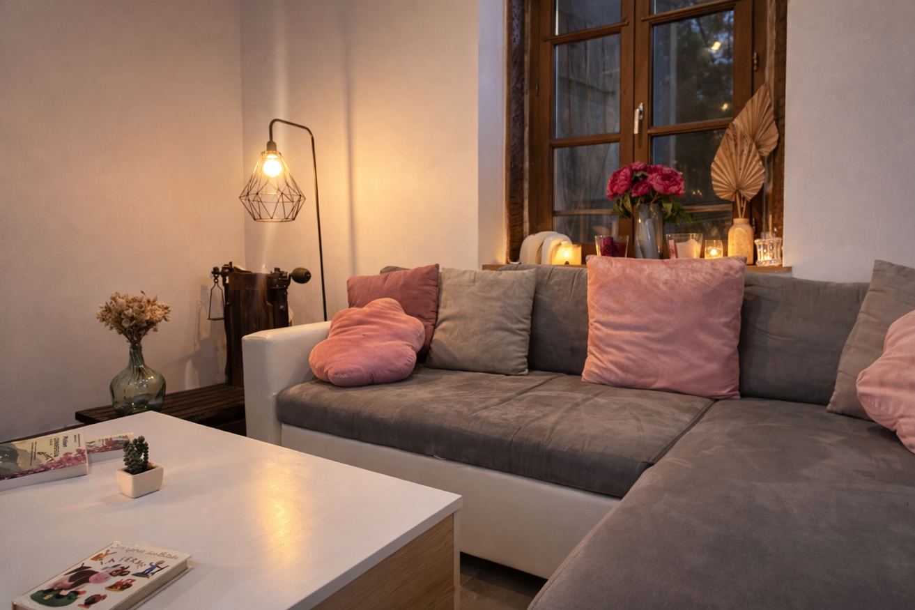 Salon canapé ambiance soir – Gîte Les Pétillières